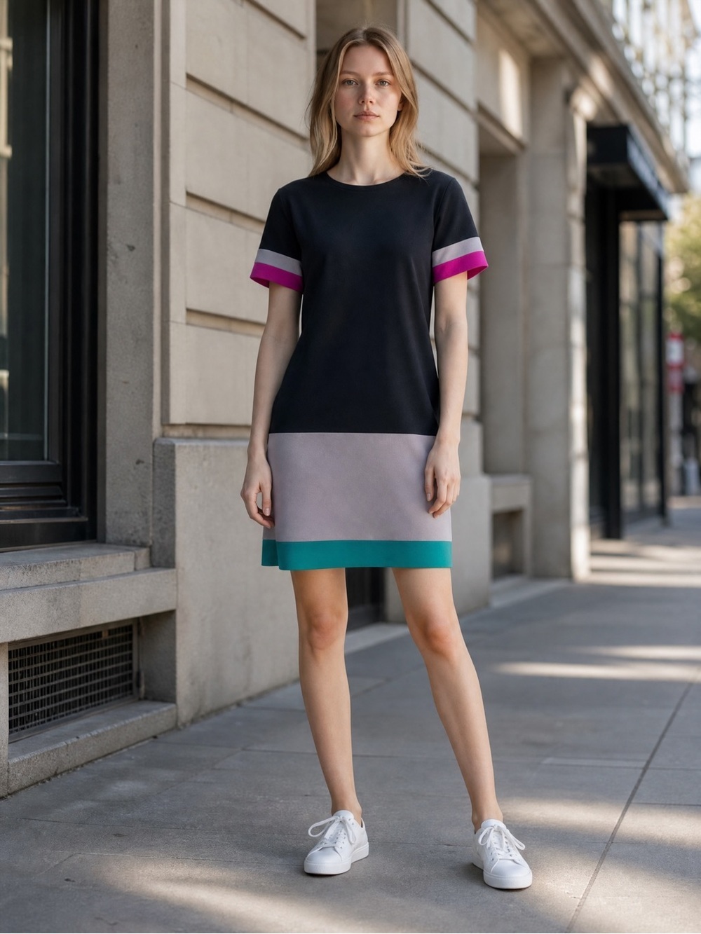 Aqua Black Colorblock Mini Dress with Gray, Teal & Magenta Accents Size M
